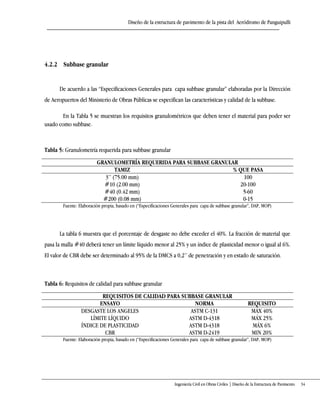 Diseño de la estructura de pavimento de la pista del Aeródromo de Panguipulli
Ingeniería Civil en Obras Civiles | Diseño de la Estructura de Pavimento 34
4.2.2 Subbase granular
De acuerdo a las “Especificaciones Generales para capa subbase granular” elaboradas por la Dirección
de Aeropuertos del Ministerio de Obras Públicas se especifican las características y calidad de la subbase.
En la Tabla 5 se muestran los requisitos granulométricos que deben tener el material para poder ser
usado como subbase.
Tabla 5: Granulometría requerida para subbase granular
GRANULOMETRÍA REQUERIDA PARA SUBBASE GRANULAR
TAMIZ % QUE PASA
3’’ (75+00 mm) 100
#10 (2.00 mm) 20-100
#40 (0.42 mm) 5-60
#200 (0.08 mm) 0-15
Fuente: Elaboración propia, basado en (“Especificaciones Generales para capa de subbase granular”, DAP, MOP)
La tabla 6 muestra que el porcentaje de desgaste no debe exceder el 40%. La fracción de material que
pasa la malla #40 deberá tener un límite líquido menor al 25% y un índice de plasticidad menor o igual al 6%.
El valor de CBR debe ser determinado al 95* de la DMCS a 0,2’’ de penetración y en estado de saturación.
Tabla 6: Requisitos de calidad para subbase granular
REQUISITOS DE CALIDAD PARA SUBBASE GRANULAR
ENSAYO NORMA REQUISITO
DESGASTE LOS ANGELES ASTM C-131 MÁX 40%
LÍMITE LÍQUIDO ASTM D-4318 MÁX 25%
ÍNDICE DE PLASTICIDAD ASTM D-4318 MÁX 6%
CBR ASTM D-2419 MIN 20%
Fuente: Elaboración propia, basado en (“Especificaciones Generales para capa de subbase granular”, DAP, MOP)
 