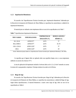 Diseño de la estructura de pavimento de la pista del Aeródromo de Panguipulli
Ingeniería Civil en Obras Civiles | Diseño de la Estructura de Pavimento 35
4.2.3 Imprimación Bituminosa
De acuerdo a las “Especificaciones Técnicas Generales para Imprimación Bituminosa” elaboradas por
la Dirección de Aeropuertos del Ministerio de Obras Públicas se especifican las características y calidad de la
imprimación bituminosa.
El material para ser utilizado como imprimante debe ser uno de los especificados en la Tabla 7.
Tabla 7: Especificaciones Imprimación Bituminosa
TIPO Y GRADO ESPECIFICACIONES
TEMPERATURA DE
APLICACIÓN (ºC)
RESIDUO AFÁLTICO
MÍNIMO (%)
SS-1; SS-1h ASTM D 977 20-70 57
MS-2; HFMS-1 ASTM D 977 20-70 65; 55
CSS-1; CSS-1h ASTM D 2397 20-70 57
CMS-2 ASTM D 2397 20-70 65
Fuente: Elaboración propia, basado en (“Especificaciones Técnicas Generales para Imprimación Bituminosa”, DAP, MOP)
Se especifica que el ligante debe ser aplicado sobre una superficie limpia, seca y a una temperatura
ambiente en ascenso de al menos 15 ºC.
La tasa de aplicación del imprimante incluido el solvente debe ser de 1,2 a 2,4 lt/m2
tomando en cuenta
la textura de la capa granular a imprimar. El tiempo mínimo de secado es de 48 horas.
4.2.4 Riego de Liga
De acuerdo a las “Especificaciones Técnicas Generales para Riego de Liga” elaboradas por la Dirección
de Aeropuertos del Ministerio de Obras Públicas, se especifican las características y calidad del Riego de Liga.
Según dichas especificaciones, el material bituminoso a usarse como riego de liga, debe ser uno de los
especificados en Tabla 8.
 