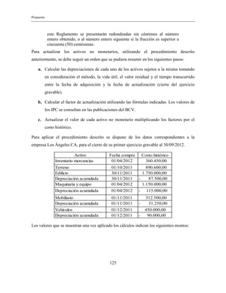 Propuesta
125
este Reglamento se presentarán redondeadas sin céntimos al número
entero obtenido, o al número entero siguiente si la fracción es superior a
cincuenta (50) centésimas.
Para actualizar los activos no monetarios, utilizando el procedimiento descrito
anteriormente, se debe seguir un orden que se pudiera resumir en los siguientes pasos:
a. Calcular las depreciaciones de cada uno de los activos sujetos a la misma tomando
en consideración el método, la vida útil, el valor residual y el tiempo transcurrido
entre la fecha de adquisición y la fecha de actualización (cierre del ejercicio
gravable).
b. Calcular el factor de actualización utilizando las fórmulas indicadas. Los valores de
los IPC se consultan en las publicaciones del BCV.
c. Actualizar el valor de cada activo no monetario multiplicando los factores por el
costo histórico.
Para aplicar el procedimiento descrito se dispone de los datos correspondientes a la
empresa Los Ángeles CA, para el cierre de su primer ejercicio gravable al 30/09/2012.
Activo Fecha compra Costo histórico
Inventario mercancías 01/04/2012 360.450,00
Terreno 01/10/2011 890.600,00
Edificio 30/11/2011 1.750.000,00
Depreciación acumulada 30/11/2011 - 87.500,00
Maquinaria y equipo 01/04/2012 1.150.000,00
Depreciación acumulada 01/04/2012 - 115.000,00
Mobiliario 01/11/2011 312.500,00
Depreciación acumulada 01/11/2011 - 31.250,00
Vehículos 01/12/2011 450.000,00
Depreciación acumulada 01/12/2011 90.000,00-
Los valores que se muestran una vez aplicado los cálculos indican los siguientes montos:
 