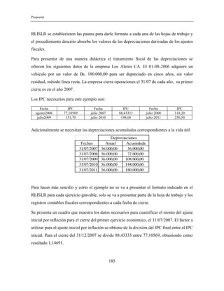 Propuesta
185
RLISLR se establecieron las pautas para darle formato a cada una de las hojas de trabajo y
el procedimiento descrito absorbe los valores de las depreciaciones derivadas de los ajustes
fiscales.
Para presentar de una manera didáctica el tratamiento fiscal de las depreciaciones se
ofrecen los siguientes datos de la empresa Los Aleros CA. El 01-08-2006 adquiere un
vehículo por un valor de Bs. 180.000,00 para ser depreciado en cinco años, sin valor
residual, método línea recta. La empresa cierra operaciones el 31/07 de cada año, su primer
cierre es en el año 2007.
Los IPC necesarios para este ejemplo son:
Fecha IPC Fecha IPC Fecha IPC
agosto2006 77,10569 julio 2007 88,43333 julio 2008 118,20
julio2009 151,70 julio 2010 198,60 julio 2011 250,50
Adicionalmente se necesitan las depreciaciones acumuladas correspondientes a la vida útil
Fechas Anual Acumulada
31/07/2007 36.000,00 36.000,00
31/07/2008 36.000,00 72.000,00
31/07/2009 36.000,00 108.000,00
31/07/2010 36.000,00 144.000,00
31/07/2011 36.000,00 180.000,00
Depreciaciones
Para hacer más sencillo y corto el ejemplo no se va a presentar el formato indicado en el
RLISLR para cada ejercicio gravable, solo se va a presentar parte de la hoja de trabajo y los
registros contables fiscales correspondientes a cada fecha de cierre.
Se presenta un cuadro que muestra los datos necesarios para cuantificar el monto del ajuste
inicial por inflación para el cierre del primer ejercicio económico, el 31/07/2007. El factor a
utilizar para el ajuste inicial por inflación se obtiene de la división del IPC final entre el IPC
inicial. Para el cierre del 31/12/2007 se divide 88,43333 entre 77,10569, obteniendo como
resultado 1,14691.
 