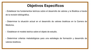 Objetivos Específicos
- Establecer los fundamentos teóricos sobre el desarrollo de valores y la Bioética a través
de la revisión bibliográfica.
- Determinar la situación actual en el desarrollo de valores bioéticos en la Carrera de
Medicina.
- Establecer el modelo teórico sobre el objeto de estudio.
- Determinar criterios metodológicos para una estrategia de formación y desarrollo de
valores bioéticos.
 