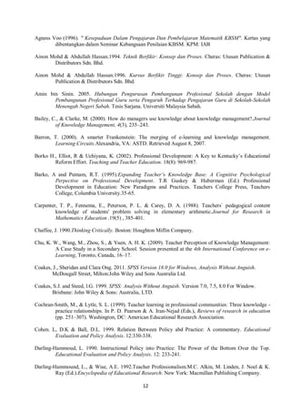12
Agness Voo (1996). " Kesepaduan Dalam Pengajaran Dan Pembelajaran Matematik KBSM". Kertas yang
dibentangkan dalam Seminar Kebangsaan Penilaian KBSM. KPM: IAB
Ainon Mohd & Abdullah Hassan.1994. Teknik Berfikir: Konsep dan Proses. Cheras: Utusan Publication &
Distributors Sdn. Bhd.
Ainon Mohd & Abdullah Hassan.1996. Kursus Berfikir Tinggi: Konsep dan Proses. Cheras: Utusan
Publication & Distributors Sdn. Bhd.
Amin bin Sinin. 2005. Hubungan Pengurusan Pembangunan Profesional Sekolah dengan Model
Pembangunan Profesional Guru serta Pengaruh Terhadap Pengajaran Guru di Sekolah-Sekolah
Menengah Negeri Sabah. Tesis Sarjana. Universiti Malaysia Sabah.
Bailey, C., & Clarke, M. (2000). How do managers use knowledge about knowledge management?.Journal
of Knowledge Management, 4(3), 235–243.
Barron, T. (2000). A smarter Frankenstein: The merging of e-learning and knowledge management.
Learning Circuits.Alexandria, VA: ASTD. Retrieved August 8, 2007.
Borko H., Elliot, R & Uchiyana, K. (2002). Professional Development: A Key to Kentucky’s Educational
Reform Effort. Teaching and Teacher Education. 18(8): 969-987.
Barko, A and Putnam, R.T. (1995).Expanding Teacher’s Knowledge Base: A Cognitive Psychological
Perpective on Professional Development. T.R Guskey & Huberman (Ed.) Professional
Development in Education: New Paradigms and Practices. Teachers College Press, Teachers
College, Columbia University.35-65.
Carpenter, T. P., Fennema, E., Peterson, P. L. & Carey, D. A. (1988). Teachers` pedagogical content
knowledge of students' problem solving in elementary arithmetic.Journal for Research in
Mathematics Education .19(5) , 385-401.
Chaffee, J. 1990.Thinking Critically. Boston: Houghton Miflin Company.
Chu, K. W., Wang, M., Zhou, S., & Yuen, A. H. K. (2009). Teacher Perception of Knowledge Management:
A Case Study in a Secondary School. Session presented at the 4th International Conference on e-
Learning, Toronto, Canada, 16–17.
Coakes, J., Sheridan and Clara Ong. 2011. SPSS Version 18.0 for Windows, Analysis Without Anguish.
McDougall Street, Milton:John Wiley and Sons Australia Ltd.
Coakes, S.J. and Steed, l.G. 1999. SPSS: Analysis Without Anguish. Version 7.0, 7.5, 8.0 For Window.
Brisbane: John Wiley & Sons: Australia, LTD.
Cochran-Smith, M., & Lytle, S. L. (1999). Teacher learning in professional communities: Three knowledge -
practice relationships. In P. D. Pearson & A. Iran-Nejad (Eds.), Reviews of research in education
(pp. 251–307). Washington, DC: American Educational Research Association.
Cohen. L, D.K & Ball, D.L. 1999. Relation Between Policy abd Practice: A commentary. Educational
Evaluation and Policy Analysis. 12:330-338.
Darling-Hammoud, L. 1990. Instructional Policy into Practice: The Power of the Bottom Over the Top.
Educational Evaluation and Policy Analysis. 12: 233-241.
Darling-Hammound, L., & Wise, A.E. 1992.Teacher Professionalism.M.C. Alkin, M. Linden, J. Noel & K.
Ray (Ed.).Encyclopedia of Educational Research. New York: Macmillan Publishing Company.
 