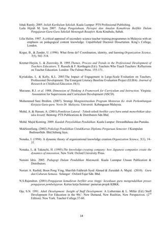 14
Ishak Ramly. 2005. Inilah Kurikulum Sekolah. Kuala Lumpur: PTS Professional Publishing.
Laila Hijrah M. Iyen 2007. Tahap Pengetahuan, Persepsi dan Amalan Kemahiran Berfikir Dalam
Pengajaran Guru-Guru Sekolah Menengah Beaufort. Kota Kinabalu, Sabah.
Lilia Halim. 1997. A critical appraisal of secondary science teacher training programmes in Malaysia with an
emphasis on pedagogical content knowledge. Unpublished Doctoral Dissertation. King’s College,
London.
Kogut, B., & Zander, U. (1996). What firms do? Coordination, identity, and learning.Organization Science,
7(5), 502–518.
Kremer-Hayon, L. & Zuzovsky, R. 1995.Themes, Process and Trends in the Professional Development of
Teachers Educatiors. T. Russels & F. Korthagen (Ed.). Teachers Who Teach Teachers: Reflections
on Teacher Education. London: The Falmer Press. 155-171.
Kyriakides, L. & Kelly, K.L. 2003.The Impact of Engagement in Large-Scale Evaluation on Teachers.
Professional Development: The Emergent Literacy Baseline Evaluation Project (ELBA). Journal of
Research in Childhood Education.18(1).
Marzano, R.J. et al. 1988. Dimension of Thinking A Framework for Curriculum and Instruction. Virginia:
Assosiation for Supervisions and Curriculum Development (ASCD).
Mohammed Sani Ibrahim. (2007). Strategi Menginstitusikan Program Mentoran Ke Arah Perkembangan
Kerjaya Guru-guru Novis Di Malaysia. Universiti Kebangsaan Malaysia.
Mohd, A. & Hassan, A. (2001).Pemikiran Lateral : Teknik-teknik berfikir cara baru untuk menerbitkan idea-
idea kreatif. Bentong: PTS Publications & Distributors Sdn Bhd.
Mohd. Majid Konting. 2009. Kaedah Penyelidikan Pendidikan. Kuala Lumpur: DewanBahasa dan Pustaka.
MokSoonSang. (2002).Psikologi Pendidikan UntukKursus Diploma Perguruan Semester 3.Kumpulan
BudimanSdn. Bhd.Subang Jaya.
Nonaka, I. (1994). A dynamic theory of organizational knowledge creation.Organization Science, 5(1), 14–
37.
Nonaka, I., & Takeuchi, H. (1995).The knowledge-creating company: how Japanese companies create the
dynamics of innovation. New York: Oxford University Press.
Noraini Idris. 2005. Pedagogi Dalam Pendidikan Matematik. Kuala Lunmpur Utusan Publication &
Distributors.
Noriati A. Rashid, Boon Pong Ying, Sharifah Fakhriah Syed Ahmad & Zuraidah A. Majid. (2010). Guru
dan Cabaran Semasa. Selangor : Oxford Fajar Sdn. Bhd.
N.S.Rajendran. (2001).Pengajaran kemahiran berfikir aras tinggi: kesediaan guru mengendalikan proses
pengajaran pembelajaran. Kertas kerja.Seminar/ pameran projek KBKK.
Oja, S.N. 1991. Adult Development: Insight of Staff Development. A Lieberman & L. Miller (Ed.) Staff
Development For Education in the 90s’: New Demand, New Realities, New Perspectives. (2nd
Edition). New York. Teacher College.37-60.
 