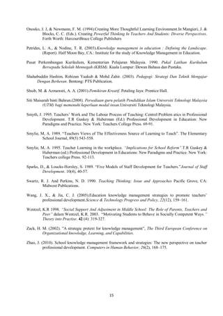 15
Onosko, J. J, & Newmann, F. M. (1994).Creating More Thoughtful Learning Environment.In Mangieri, J. &
Blocks, C. C. (Eds.). Creating Powerful Thinking In Teachers And Students: Diverse Perspectives.
Forth Worth: HarcourtBrace College Publishers
Petrides, L. A., & Nodine, T. R. (2003).Knowledge management in education : Defining the Landscape.
(Report). Half Moon Bay, CA.: Institute for the study of Knowledge Management in Education.
Pusat Perkembangan Kurikulum, Kementerian Pelajaran Malaysia. 1990. Pukal Latihan Kurikulum
Bersepadu Sekolah Mennegah (KBSM). Kuala Lumpur: Dewan Bahasa dan Pustaka.
Shahabuddin Hashim, Rohizan Yaakub & Mohd Zahir. (2003). Pedagogi: Strategi Dan Teknik Mengajar
Dengan Berkesan. Bentong: PTS Publication.
Shuib, M. & Azmawati, A. A. (2001).Pemikiran Kreatif. Petaling Jaya: Prentice Hall.
Siti Maisarah binti Bahrun.(2008). Persediaan guru pelatih Pendidikan Islam Universiti Teknologi Malaysia
(UTM) bagi memenuhi keperluan modal insan.Universiti Teknologi Malaysia.
Smyth, J. 1995. Teachers’ Work and The Labour Process of Teaching: Centrel Problem atics in Professional
Development. T.R Guskey & Huberman (Ed.) Professional Development in Education: New
Paradigms and Practice. New York: Teachers College Press. 69-91.
Smylie, M, A. 1989. “Teachers Views of The Effectiveness Source of Learning to Teach”. The Elementary
School Journal, 89(5) 543-558.
Smylie, M, A. 1995. Teacher Learning in the workplace. “Implications for School Reform”.T.R Guskey &
Huberman (ed.) Professional Development in Educations: New Paradigms and Practice. New York:
Teachers college Press. 92-113.
Sparks, D., & Loucks-Horsley, S. 1989. “Five Models of Staff Development for Teachers.”Journal of Staff
Development. 10(4), 40-57.
Swartz, R. J. And Perkins, N. D. 1990. Teaching Thinking: Issue and Approaches Pacific Grove, CA:
Midwest Publications.
Wang, J. X., & Jia, C. J. (2005).Education knowledge management strategies to promote teachers’
professional development.Science & Technology Progress and Policy, 22(12), 159–161.
Wentzel, K.R 1998. “Social Support And Adjustment in Middle School: The Role of Parents, Teachers and
Peer” dalam Wentzel, K.R. 2003. “Motivating Students to Behave in Socially Competent Ways.”
Theory into Practise. 42 (4): 319-327.
Zack, H. M. (2002). ”A strategic pretext for knowledge management”, The Third European Conference on
Organizational knowledge, Learning, and Capabilities.
Zhao, J. (2010). School knowledge management framework and strategies: The new perspective on teacher
professional development. Computers in Human Behavior, 26(2), 168–175.
 