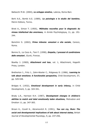 115
Battacchi M.W. (2004), Lo sviluppo emotivo, Laterza, Roma-Bari.
Berti A.E., Bombi A.S. (1989), La psicologia e lo studio del bambino,
Petrini Editore, Torino.
Binet A., Simon T. (1905), Méthodes nouvelles pour le diagnostic du
niveau intellectuel des anormaux, in Année Psychologique, 11, pp. 191-
244.
Bonichini S. (2002), Prima infanzia: emozioni e vita sociale, Carocci,
Roma.
Bonino S., Lo Coco A., Tani F. (1998), Empatia, I processi di condivisione
delle emozioni, Giunti, Firenze.
Bowlby J. (1969), Attachment and loss, vol. 1, Attachment, Hogarth
Press, London.
Bretherton I., Fritz J., Zahn-Waxler C., Ridgeway D. (1986), Learning to
talk about emotions: A functionalist perspective, Child Development, 57,
pp. 529-548.
Bridges K. (1932), Emotional development in early infancy, in Child
Development, 3, pp. 324-341.
Brody L.R., Harrison R.H. (1987), Development changes in children’s
abilities to match and label emotionally laden situations, Motivation and
Emotion 11, pp. 347-365.
Brown K., Covell K., Abramovitch R. (1991), You can cry, Mum: The
social and developmental implications of talk about internal states, British
Journal of Developmental Psycology, 9, pp. 237-256.
 