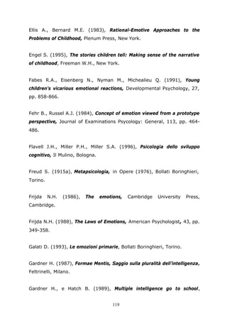 119
Ellis A., Bernard M.E. (1983), Rational-Emotive Approaches to the
Problems of Childhood, Plenum Press, New York.
Engel S. (1995), The stories children tell: Making sense of the narrative
of childhood, Freeman W.H., New York.
Fabes R.A., Eisenberg N., Nyman M., Michealieu Q. (1991), Young
children’s vicarious emotional reactions, Developmental Psychology, 27,
pp. 858-866.
Fehr B., Russel A.J. (1984), Concept of emotion viewed from a prototype
perspective, Journal of Examinations Psycology: General, 113, pp. 464-
486.
Flavell J.H., Miller P.H., Miller S.A. (1996), Psicologia dello sviluppo
cognitivo, Il Mulino, Bologna.
Freud S. (1915a), Metapsicologia, in Opere (1976), Bollati Boringhieri,
Torino.
Frijda N.H. (1986), The emotions, Cambridge University Press,
Cambridge.
Frijda N.H. (1988), The Laws of Emotions, American Psychologist, 43, pp.
349-358.
Galati D. (1993), Le emozioni primarie, Bollati Boringhieri, Torino.
Gardner H. (1987), Formae Mentis, Saggio sulla pluralità dell’intelligenza,
Feltrinelli, Milano.
Gardner H., e Hatch B. (1989), Multiple intelligence go to school,
 