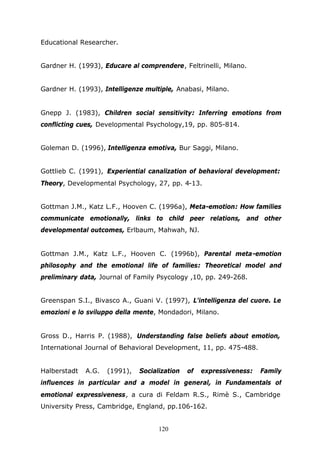 120
Educational Researcher.
Gardner H. (1993), Educare al comprendere, Feltrinelli, Milano.
Gardner H. (1993), Intelligenze multiple, Anabasi, Milano.
Gnepp J. (1983), Children social sensitivity: Inferring emotions from
conflicting cues, Developmental Psychology,19, pp. 805-814.
Goleman D. (1996), Intelligenza emotiva, Bur Saggi, Milano.
Gottlieb C. (1991), Experiential canalization of behavioral development:
Theory, Developmental Psychology, 27, pp. 4-13.
Gottman J.M., Katz L.F., Hooven C. (1996a), Meta-emotion: How families
communicate emotionally, links to child peer relations, and other
developmental outcomes, Erlbaum, Mahwah, NJ.
Gottman J.M., Katz L.F., Hooven C. (1996b), Parental meta-emotion
philosophy and the emotional life of families: Theoretical model and
preliminary data, Journal of Family Psycology ,10, pp. 249-268.
Greenspan S.I., Bivasco A., Guani V. (1997), L'intelligenza del cuore. Le
emozioni e lo sviluppo della mente, Mondadori, Milano.
Gross D., Harris P. (1988), Understanding false beliefs about emotion,
International Journal of Behavioral Development, 11, pp. 475-488.
Halberstadt A.G. (1991), Socialization of expressiveness: Family
influences in particular and a model in general, in Fundamentals of
emotional expressiveness, a cura di Feldam R.S., Rimè S., Cambridge
University Press, Cambridge, England, pp.106-162.
 