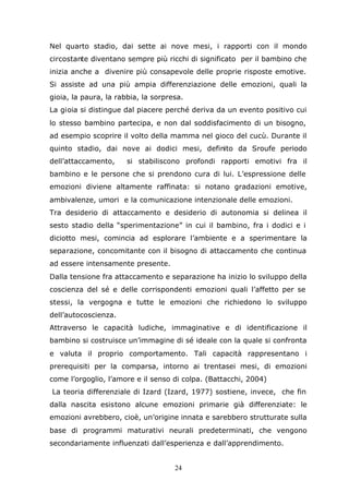 24
Nel quarto stadio, dai sette ai nove mesi, i rapporti con il mondo
circostante diventano sempre più ricchi di significato per il bambino che
inizia anche a divenire più consapevole delle proprie risposte emotive.
Si assiste ad una più ampia differenziazione delle emozioni, quali la
gioia, la paura, la rabbia, la sorpresa.
La gioia si distingue dal piacere perché deriva da un evento positivo cui
lo stesso bambino partecipa, e non dal soddisfacimento di un bisogno,
ad esempio scoprire il volto della mamma nel gioco del cucù. Durante il
quinto stadio, dai nove ai dodici mesi, definito da Sroufe periodo
dell’attaccamento, si stabiliscono profondi rapporti emotivi fra il
bambino e le persone che si prendono cura di lui. L’espressione delle
emozioni diviene altamente raffinata: si notano gradazioni emotive,
ambivalenze, umori e la comunicazione intenzionale delle emozioni.
Tra desiderio di attaccamento e desiderio di autonomia si delinea il
sesto stadio della “sperimentazione” in cui il bambino, fra i dodici e i
diciotto mesi, comincia ad esplorare l’ambiente e a sperimentare la
separazione, concomitante con il bisogno di attaccamento che continua
ad essere intensamente presente.
Dalla tensione fra attaccamento e separazione ha inizio lo sviluppo della
coscienza del sé e delle corrispondenti emozioni quali l’affetto per se
stessi, la vergogna e tutte le emozioni che richiedono lo sviluppo
dell’autocoscienza.
Attraverso le capacità ludiche, immaginative e di identificazione il
bambino si costruisce un’immagine di sé ideale con la quale si confronta
e valuta il proprio comportamento. Tali capacità rappresentano i
prerequisiti per la comparsa, intorno ai trentasei mesi, di emozioni
come l’orgoglio, l’amore e il senso di colpa. (Battacchi, 2004)
La teoria differenziale di Izard (Izard, 1977) sostiene, invece, che fin
dalla nascita esistono alcune emozioni primarie già differenziate: le
emozioni avrebbero, cioè, un’origine innata e sarebbero strutturate sulla
base di programmi maturativi neurali predeterminati, che vengono
secondariamente influenzati dall’esperienza e dall’apprendimento.
 
