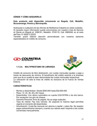 DÓNDE Y CÓMO ADQUIRIRLO:
Este producto está disponible únicamente en Bogotá, Cali, Medellín,
Bucaramanga, Pereira y Barranquilla.
Acérquese a cualquiera de las oficinas de Multibanca Colpatria en estas ciudades.
Si necesita mayor información puede comunicarse con nuestra Línea de Servicio
al Cliente en Bogotá al: 3386161, Medellín: 5745110, Cali: 8980048, en el resto
del País: 01 8000 5 22222.
También podrá obtener atención personalizada con nuestros asesores
especializados en crédito de consumo.
1.7.2.4. MULTIPRESTAMO DE LIBRANZA
Crédito de consumo de libre destinación, con cuotas mensuales iguales y pago a
través de descuento de nómina. El beneficiario del crédito autoriza a la empresa
para que de su sueldo le sean descontadas las cuotas mensuales respectivas.
La colocación de esta la línea de crédito es exclusiva de la Fuerza de Ventas
Externa.
CARACTERISTICAS
- Montos a desembolsar: Desde $500.000 hasta $32.600.000
- Plazo: 12, 24, 36, 48 y 60 meses
- Desembolso: Con abono automático en cuenta COLPATRIA o de otro banco.
Por excepción con giro de cheque.
- Garantía Personal: firma de pagaré. No se exige codeudor.
- Tasa de interés: Fija mes vencido. Se asignará la máxima legal permitida
vigente al momento del desembolso.
- Amortización: Cuota fija mensual con abonos a capital y plazo fijo. Se aceptan
pagos extraordinarios siempre y cuando sus valores sean mayores a las cuotas
convenidas mensualmente.
57
 