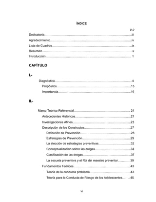 ÍNDICE
                                                                   p.p
Dedicatoria…………………………………………………………………………..iii
Agradecimiento……………………………………………………………………..iv
Lista de Cuadros………………………………………………………….………...ix
Resumen………………………………………………………………………….….x
Introducción………………………………………………………………………… 1


CAPÍTULO

I.-
       Diagnóstico…………………………….……………………………………4
         Propósitos……………………………………………………………….15
         Importancia……………………………………………………………..16


II.-

       Marco Teórico Referencial………………………………………………. 21
         Antecedentes Históricos………...………………………………….…21
         Investigaciones Afines………………………………………………...23
         Descripción de los Constructos..…………………………….……….27
           Definición de Prevención…………………………………………..28
           Estrategias de Prevención………………………………………...29
           La elección de estrategias preventivas…………………….…….32
           Conceptualización sobre las drogas……………………………..34
           Clasificación de las drogas………………………………………..37
           La escuela preventiva y el Rol del maestro preventor…………39
         Fundamentos Teóricos………………………………………………..43
           Teoría de la conducta problema………………………………….43
           Teoría para la Conducta de Riesgo de los Adolescentes……..45



                                  vi
 