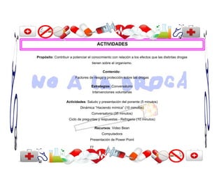 ACTIVIDADES

Propósito: Contribuir a potenciar el conocimiento con relación a los efectos que las distintas drogas
                                     tienen sobre el organismo.

                                            Contenido:
                         Factores de riesgo y protección sobre las drogas

                                    Estrategias: Conversatorio
                                     Intervenciones voluntarias

                   Actividades: Saludo y presentación del ponente (5 minutos)
                             Dinámica “Haciendo mímica” (10 minutos)
                                    Conversatorio (35 minutos)
                     Ciclo de preguntas y respuestas - Refrigerio (10 minutos)

                                        Recursos: Video Bean
                                            Computadora
                                   Presentación de Power Point

                                   77
 