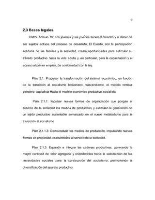 9
2.3 Bases legales.
CRBV Artículo 79: Los jóvenes y las jóvenes tienen el derecho y el deber de
ser sujetos activos del proceso de desarrollo. El Estado, con la participación
solidaria de las familias y la sociedad, creará oportunidades para estimular su
tránsito productivo hacia la vida adulta y, en particular, para la capacitación y el
acceso al primer empleo, de conformidad con la ley.
Plan 2.1: Propulsar la transformación del sistema económico, en función
de la transición al socialismo bolivariano, trascendiendo el modelo rentista
petrolero capitalista Hacia el modelo económico productivo socialista.
Plan 2.1.1: Impulsar nuevas formas de organización que pongan al
servicio de la sociedad los medios de producción, y estimulen la generación de
un tejido productivo sustentable enmarcado en el nuevo metabolismo para la
transición al socialismo
Plan 2.1.1.3: Democratizar los medios de producción, impulsando nuevas
formas de propiedad, colocándolas al servicio de la sociedad.
Plan 2.1.3: Expandir e integrar las cadenas productivas, generando la
mayor cantidad de valor agregado y orientándolas hacia la satisfacción de las
necesidades sociales para la construcción del socialismo, promoviendo la
diversificación del aparato productivo.
 