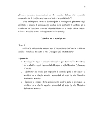 9
¿Cómo es el proceso comunicacional entre los miembros de la escuela - comunidad
para resolución de conflictos de la escuela básica “Manuel Cedeño”?
Estas interrogantes sirven de sustento para la investigación presentada cuyo
propósito es analizar la comunicación asertiva en la resolución de conflicto en la
relación de los Directivos, Docentes y Representantes, de la escuela básica “Manuel
Cedeño” del sector la trilla Municipio Peña estado Yaracuy.
Propósitos de la investigación.
General
Analizar la comunicación asertiva para la resolución de conflicto en la relación
escuela - comunidad del sector la trilla Municipio Peña estado Yaracuy.
Específicos.
1- Reconocer los tipos de comunicación asertiva para la resolución de conflicto
en la relación escuela - comunidad del sector la trilla Municipio Peña estado
Yaracuy.
2- Determinar las causas que originaron el conflicto para la resolución de
conflicto en la relación escuela - comunidad del sector la trilla Municipio
Peña estado Yaracuy.
3- Describir el proceso de la comunicación asertiva para la resolución de
conflicto en la relación escuela - comunidad del sector la trilla Municipio
Peña estado Yaracuy.
 