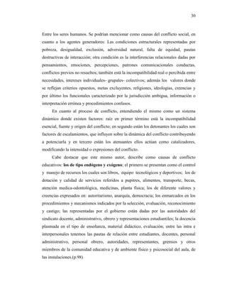 30
Entre los seres humanos. Se podrían mencionar como causas del conflicto social, en
cuanto a los agentes generadores: Las condiciones estructurales representadas por
pobreza, desigualdad, exclusión, adversidad natural, falta de equidad, pautas
destructivas de interacción; otra condición es la interferencias relacionales dadas por
pensamientos, emociones, percepciones, patrones comunicacionales conductas,
conflictos previos no resueltos; también está la incompatibilidad real o percibida entre
necesidades, intereses individuales- grupales- colectivos; además los valores donde
se reflejan criterios opuestos, metas excluyentes, religiones, ideologías, creencias y
por último los funcionales caracterizado por la jurisdicción ambigua, información o
interpretación errónea y procedimientos confusos.
En cuanto al proceso de conflicto, entendiendo el mismo como un sistema
dinámico donde existen factores: raíz en primer término está la incompatibilidad
esencial, fuente y origen del conflicto; en segundo están los detonantes los cuales son
factores de escalamientos, que influyen sobre la dinámica del conflicto contribuyendo
a potenciarla y en tercero están los atenuantes ellos actúan como catalizadores,
modificando la intensidad o expresiones del conflicto.
Cabe destacar que este mismo autor, describe como causas de conflicto
educativos: los de tipo endógeno y exógeno; el primero se presentan como el control
y manejo de recursos los cuales son libros, equipo tecnológicos y deportivos; los de
dotación y calidad de servicios referidos a pupitres, alimentos, transporte, becas,
atención medica-odontológica, medicinas, planta física; los de diferente valores y
creencias expresados en: autoritarismo, anarquía, democracia; los enmarcados en los
procedimientos y mecanismos indicados por la selección, evaluación, reconocimiento
y castigo; las representadas por el gobierno están dadas por las autoridades del
sindicato docente, administrativo, obrero y representaciones estudiantiles; la docencia
plasmada en el tipo de enseñanza, material didáctico, evaluación; entre las intra e
interpersonales tenemos las pautas de relación entre estudiantes, docentes, personal
administrativo, personal obrero, autoridades, representantes, gremios y otros
miembros de la comunidad educativa y de ambiente físico y psicosocial del aula, de
las instalaciones.(p.98)
 