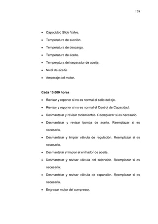 179
Capacidad Slide Valve.
Temperatura de succión.
Temperatura de descarga.
Temperatura de aceite.
Temperatura del separador de aceite.
Nivel de aceite.
Amperaje del motor.
Cada 10,000 horas
Revisar y reponer si no es normal el sello del eje.
Revisar y reponer si no es normal el Control de Capacidad.
Desmantelar y revisar rodamientos. Reemplazar si es necesario.
Desmantelar y revisar bomba de aceite. Reemplazar si es
necesario.
Desmantelar y limpiar válvula de regulación. Reemplazar si es
necesario.
Desmantelar y limpiar el enfriador de aceite.
Desmantelar y revisar válvula del solenoide. Reemplazar si es
necesario.
Desmantelar y revisar válvula de expansión. Reemplazar si es
necesario.
Engrasar motor del compresor.
 