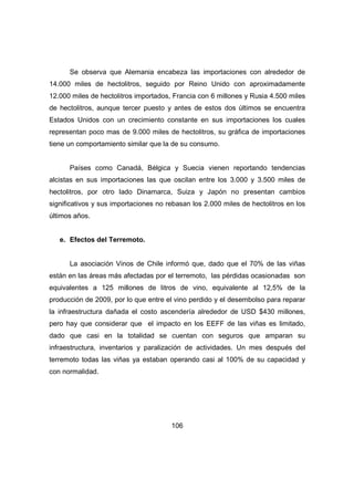 Se observa que Alemania encabeza las importaciones con alrededor de 
14.000 miles de hectolitros, seguido por Reino Unido con aproximadamente 
12.000 miles de hectolitros importados, Francia con 6 millones y Rusia 4.500 miles 
de hectolitros, aunque tercer puesto y antes de estos dos últimos se encuentra 
Estados Unidos con un crecimiento constante en sus importaciones los cuales 
representan poco mas de 9.000 miles de hectolitros, su gráfica de importaciones 
tiene un comportamiento similar que la de su consumo. 
Países como Canadá, Bélgica y Suecia vienen reportando tendencias 
alcistas en sus importaciones las que oscilan entre los 3.000 y 3.500 miles de 
hectolitros, por otro lado Dinamarca, Suiza y Japón no presentan cambios 
significativos y sus importaciones no rebasan los 2.000 miles de hectolitros en los 
últimos años. 
106 
e. Efectos del Terremoto. 
La asociación Vinos de Chile informó que, dado que el 70% de las viñas 
están en las áreas más afectadas por el terremoto, las pérdidas ocasionadas son 
equivalentes a 125 millones de litros de vino, equivalente al 12,5% de la 
producción de 2009, por lo que entre el vino perdido y el desembolso para reparar 
la infraestructura dañada el costo ascendería alrededor de USD $430 millones, 
pero hay que considerar que el impacto en los EEFF de las viñas es limitado, 
dado que casi en la totalidad se cuentan con seguros que amparan su 
infraestructura, inventarios y paralización de actividades. Un mes después del 
terremoto todas las viñas ya estaban operando casi al 100% de su capacidad y 
con normalidad. 
 
