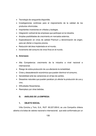 · Tecnología de vanguardia disponible. 
· Investigaciones continúas para el mejoramiento de la calidad de los 
138 
productos vitivinícolas. 
· Importantes inversiones en viñedos y bodegas. 
· Integración vertical de las empresas que participan en la industria. 
· Amplias posibilidades de crecimiento en mercados externos. 
· Especialización en vinos de calidad Premium y denominación de origen, 
para así ofertar a mayores precios. 
· Reducción del área implantada en el mundo. 
· Incremento del consumo de vinos finos en el mundo. 
b. Amenazas: 
· Alta Competencia: crecimiento de la industria a nivel nacional e 
internacional. 
· Riesgo de sobre-producción de uva afectando la rentabilidad. 
· Crisis y desaceleración económica que puedan disminuir el consumo. 
· Sensibilidad ante las variaciones en el tipo de cambio. 
· Desastres naturales que pueden paralizar y/o afectar la producción de uva y 
vino. 
· Dificultades fitosanitarias. 
· Reemplazo por otras bebidas. 
D. ANÁLISIS DE LA EMPRESA 
1. OBJETO SOCIAL 
Viña Concha y Toro, S.A., RUT: 90.227.000-0, es una Compañía chilena 
abierta a la bolsa de valores nacional e internacional, que está conformada por un 
 