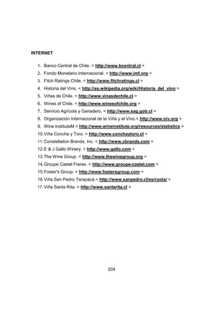 204 
INTERNET 
1. Banco Central de Chile. < http://www.bcentral.cl > 
2. Fondo Monetario Internacional. < http://www.imf.org > 
3. Fitch Ratings Chile. < http://www.fitchratings.cl > 
4. Historia del Vino. < http://es.wikipedia.org/wiki/Historia_del_vino > 
5. Viñas de Chile. < http://www.vinasdechile.cl > 
6. Wines of Chile. < http://www.winesofchile.org > 
7. Servicio Agrícola y Ganadero. < http://www.sag.gob.cl > 
8. Organización Internacional de la Viña y el Vino.< http://www.oiv.org > 
9. Wine InstituteM < http://www.wineinstitute.org/resources/statistics > 
10. Viña Concha y Toro. < http://www.conchaytoro.cl > 
11. Constellation Brands, Inc. < http://www.cbrands.com > 
12. E & J Gallo Winery. < http://www.gallo.com > 
13. The Wine Group. < http://www.thewinegroup.org > 
14. Groupe Castel Freres. < http://www.groupe-castel.com > 
15. Foster's Group. < http://www.fostersgroup.com > 
16. Viña San Pedro Tarapacá.< http://www.sanpedro.cl/es/roots/ > 
17. Viña Santa Rita. < http://www.santarita.cl > 
