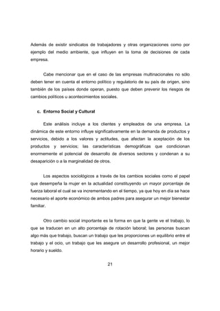 Además de existir sindicatos de trabajadores y otras organizaciones como por 
ejemplo del medio ambiente, que influyen en la toma de decisiones de cada 
empresa. 
Cabe mencionar que en el caso de las empresas multinacionales no sólo 
deben tener en cuenta el entorno político y regulatorio de su país de origen, sino 
también de los países donde operan, puesto que deben prevenir los riesgos de 
cambios políticos u acontecimientos sociales. 
21 
c. Entorno Social y Cultural 
Este análisis incluye a los clientes y empleados de una empresa. La 
dinámica de este entorno influye significativamente en la demanda de productos y 
servicios, debido a los valores y actitudes, que afectan la aceptación de los 
productos y servicios; las características demográficas que condicionan 
enormemente el potencial de desarrollo de diversos sectores y condenan a su 
desaparición o a la marginalidad de otros. 
Los aspectos sociológicos a través de los cambios sociales como el papel 
que desempeña la mujer en la actualidad constituyendo un mayor porcentaje de 
fuerza laboral el cual se va incrementando en el tiempo, ya que hoy en día se hace 
necesario el aporte económico de ambos padres para asegurar un mejor bienestar 
familiar. 
Otro cambio social importante es la forma en que la gente ve el trabajo, lo 
que se traducen en un alto porcentaje de rotación laboral; las personas buscan 
algo más que trabajo, buscan un trabajo que les proporciones un equilibrio entre el 
trabajo y el ocio, un trabajo que les asegure un desarrollo profesional, un mejor 
horario y sueldo. 
 