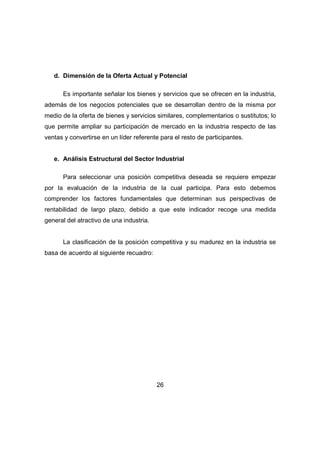 d. Dimensión de la Oferta Actual y Potencial 
Es importante señalar los bienes y servicios que se ofrecen en la industria, 
además de los negocios potenciales que se desarrollan dentro de la misma por 
medio de la oferta de bienes y servicios similares, complementarios o sustitutos; lo 
que permite ampliar su participación de mercado en la industria respecto de las 
ventas y convertirse en un líder referente para el resto de participantes. 
e. Análisis Estructural del Sector Industrial 
Para seleccionar una posición competitiva deseada se requiere empezar 
por la evaluación de la industria de la cual participa. Para esto debemos 
comprender los factores fundamentales que determinan sus perspectivas de 
rentabilidad de largo plazo, debido a que este indicador recoge una medida 
general del atractivo de una industria. 
La clasificación de la posición competitiva y su madurez en la industria se 
26 
basa de acuerdo al siguiente recuadro: 
 