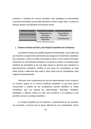 productos y venderlos en nuevos mercados. Esta estrategia es recomendada 
cuando las actividades que se están haciendo no tienen ningún éxito, o cuando se 
anticipa cambios que afectarán a la situación actual. 
Matriz de Ansoff Productos Actuales Productos Nuevos 
Mercados Actuales Penetración de 
Mercados 
43 
Desarrollo de 
Productos 
Mercados Nuevos Desarrollo de 
Mercados Diversificación 
Fuente: Elaboración propia. 
j. Factores Críticos de Éxito y de Ventaja Competitiva de la Empresa 
Los factores críticos son aquellos aspectos fundamentales, a los cuales hay 
que hacerles un seguimiento permanente para asegurar el rendimiento competitivo 
de la empresa y vienen de haber examinado el macro y micro entorno del sector 
industrial en el cual participa la empresa. Al conocer su entorno, la empresa podrá 
identificar las actividades en las que debe centrar su atención para mantener un 
posicionamiento competitivo, analizar lo que hacen los competidores en esas 
áreas críticas y determinar qué copiar o hacer mejor que los competidores, para 
mejorar el posicionamiento. 
Todo esto como consecuencia de que las organizaciones no son únicas en 
su industria, operan en un entorno industrial competitivo, lo que hace que el 
conocimiento y análisis de sus competidores permita identificar su fuerza 
competitiva, para así detectar las oportunidades, amenazas, fortalezas, 
debilidades y factores críticos de éxito que envuelven a la empresa lo cual 
permitirá conocer su ventaja competitiva. 
La ventaja competitiva son los atributos o características de una empresa, 
sus productos y servicios que la hacen diferente de sus competidores, dichos 
 