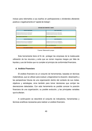 incluso para retornarlos a sus dueños en participaciones o dividendos afectando 
positiva o negativamente el “capital de trabajo”. 
ESTADO DE FUENTES Y USOS 
FUENTES TRANSITORIAS USOS TRANSITORIOS 
DIFERENCIAS NEGATIVAS ACTIVO CIRCULANTE DIFERENCIAS POSITIVAS ACTIVO CIRCULANTE 
DIFERENCIAS POSITIVAS PASIVO CIRCULANTE DIFERENCIAS NEGATIVAS PASIVO CIRCULANTE 
TOTAL FUENTES TRANSITORIAS TOTAL USOS TRANSITORIOS 
FUENTES PERMANENTES USOS PERMANENTES 
DIFERENCIAS NEGATIVAS ACTIVO PERMANENTE DIFERENCIAS POSITIVAS ACTIVO PERMANENTE 
DIFERENCIAS POSITIVAS PASIVO PERMANENTE DIFERENCIAS NEGATIVAS PASIVO PERMANENTE 
TOTAL FUENTES PERMANENTES TOTAL USOS PERMANENTES 
TOTAL FUENTE DE FONDOS TOTAL USO DE FONDOS 
Fuente: Elaboración propia. 
Esta herramienta tiene el fin de proteger las empresas de la inadecuada 
utilización de los recursos y evita que se corran mayores riesgos por falta de 
liquidez y uso de fondos que no cumplen el principio de conformidad financiera. 
49 
d. Análisis Financiero 
El análisis financiero es un conjunto de herramientas, basadas en técnicas 
matemáticas, que se utilizan para evaluar y diagnosticar la situación, desempeño y 
las perspectivas futuras de una organización dentro del contexto de sus metas, 
objetivos y estrategias, sirve también para tomar decisiones que corrijan las 
desviaciones detectadas. Con esta herramienta es posible conocer la posición 
financiera de una organización, su posible evolución, y las principales variables 
que la afectan. 
A continuación se describirá el conjunto de indicadores, herramientas y 
técnicas analíticas necesarias para realizar un análisis financiero. 
 
