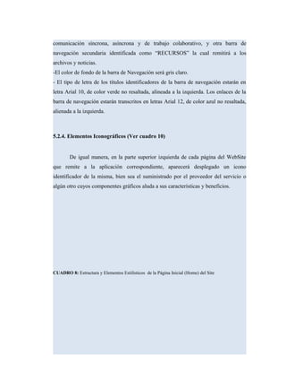 comunicación síncrona, asíncrona y de trabajo colaborativo, y otra barra de
navegación secundaria identificada como “RECURSOS” la cual remitirá a los
archivos y noticias.
-El color de fondo de la barra de Navegación será gris claro.
- El tipo de letra de los títulos identificadores de la barra de navegación estarán en
letra Arial 10, de color verde no resaltada, alineada a la izquierda. Los enlaces de la
barra de navegación estarán transcritos en letras Arial 12, de color azul no resaltada,
alienada a la izquierda.
5.2.4. Elementos Iconográficos (Ver cuadro 10)
De igual manera, en la parte superior izquierda de cada página del WebSite
que remite a la aplicación correspondiente, aparecerá desplegado un icono
identificador de la misma, bien sea el suministrado por el proveedor del servicio o
algún otro cuyos componentes gráficos aluda a sus características y beneficios.
CUADRO 8: Estructura y Elementos Estilísticos de la Página Inicial (Home) del Site
 
