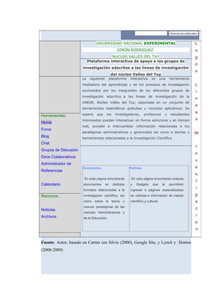 Fuente: Autor, basado en Cartier (en Silvio (2000), Google Site, y Lynch y Horton
(2008-2009)
UNIVERSIDAD NACIONAL EXPERIMENTAL
SIMÓN RODRIGUEZ
NUCLEO VALLES DEL TUY
L
o
g
o
s
L
i
n
e
a
s
de
I
n
v
e
s
t
i
g
a
c
i
o
n
Plataforma interactiva de apoyo a los grupos de
investigación adscritos a las líneas de investigación
del núcleo Valles del Tuy
La siguiente plataforma interactiva es una herramienta
mediadora del aprendizaje y de los procesos de investigación
acometidos por los integrantes de los diferentes grupos de
investigación adscritos a las líneas de investigación de la
UNESR, Núcleo Valles del Tuy, soportada en un conjunto de
herramientas telemáticas gratuitas y recursos aplicativos. Se
espera que los investigadores, profesores y estudiantes
interesados puedan interactuar en forma asíncrona y en tiempo
real, acceder e intercambiar información relacionada a los
paradigmas administrativos y gerenciales así como a teorías y
herramientas relacionadas a la Investigación Científica
Documentos:
En esta página encontrarás
documentos en distintos
formatos relacionadas a la
investigación científica, así
como sobre la teoría y
nuevos paradigmas de las
ciencias Administrativas y
de la Educación.
Noticias:
En esta página encontrarás enlaces
y Gadgets que te permitirán
ingresar a páginas especializadas
en noticias e información de interés
científico y cultural.
Herramientas:
Home
Foros
Blog
Chat
Grupos de Discusión
Docs Colaborativos
Administrador de
Referencias
Calendario
Recursos:
Noticias
Archivos
 