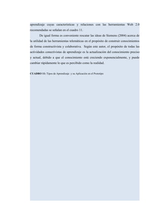 aprendizaje cuyas características y relaciones con las herramientas Web 2.0
recomendadas se señalan en el cuadro 11.
De igual forma es conveniente rescatar las ideas de Siemens (2004) acerca de
la utilidad de las herramientas telemáticas en el propósito de construir conocimientos
de forma constructivista y colaborativa. Según este autor, el propósito de todas las
actividades conectivistas de aprendizaje es la actualización del conocimiento preciso
y actual, debido a que el conocimiento está creciendo exponencialmente, y puede
cambiar rápidamente lo que es percibido como la realidad.
CUADRO 11: Tipos de Aprendizaje y su Aplicación en el Prototipo
 