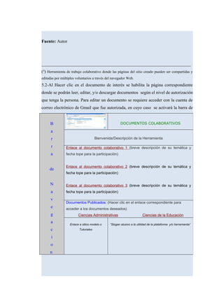 Fuente: Autor
____________________________________________________________________
(³) Herramienta de trabajo colaborativo donde las páginas del sitio creado pueden ser compartidas y
editadas por múltiples voluntarios a través del navegador Web.
5.2-Al Hacer clic en el documento de interés se habilita la página correspondiente
donde se podrán leer, editar, y/o descargar documentos según el nivel de autorización
que tenga la persona. Para editar un documento se requiere acceder con la cuenta de
correo electrónico de Gmail que fue autorizada, en cuyo caso se activará la barra de
B
a
r
r
a
de
N
a
v
e
g
a
c
i
o
n
DOCUMENTOS COLABORATIVOS
Bienvenida/Descripción de la Herramienta
Enlace al documento colaborativo 1 (breve descripción de su temática y
fecha tope para la participación)
Enlace al documento colaborativo 2 (breve descripción de su temática y
fecha tope para la participación)
Enlace al documento colaborativo 3 (breve descripción de su temática y
fecha tope para la participación)
Documentos Publicados: (Hacer clic en el enlace correspondiente para
acceder a los documentos deseados)
Ciencias Administrativas Ciencias de la Educación
Enlace a sitios modelo o
Tutoriales
“Slogan alusivo a la utilidad de la plataforma y/o herramienta”
 