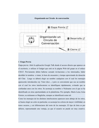 Organizando un Círculo de conversación
1 Etapa Previa
Etapa previa: Abrir la aplicación Google Talk desde el acceso directo que aparece en
el escritorio, o utilizar el Gadget que está en la página Web del grupo en el enlace
CHAT. Previamente deben haberse cursado invitaciones a los interesados, haber
decidido la temática a tratar, la hora de encuentro y tiempo aproximado de duración
del Chat. Luego se deberá elegir un nombre cualquiera con el cual los mensajes
aparecerán introducidos (ej: Tutor dice:....) pero es conveniente que sea un nombre
con el cual los otros interlocutores se identifiquen rápidamente, evitando que se
confundan unos con los otros. Se aconseja su nombre o Nickname con el que se ha
identificado en otras oportunidades en la plataforma. Por ejemplo, María Luisa Arias
Ferrero, su nickname es Magüicha, siempre se identificará como tal.
Como los mensajes de los distintos interlocutores aparecen unos debajo de los otros,
es bueno elegir un color en particular, se aconseja los colores de mayor visibilidad, en
tonos oscuros, y así diferenciarse del resto de los mensajes. El tipo de letra es por
defecto, representando una ventaja, ya que el usuario no puede ser muy creativo.
 