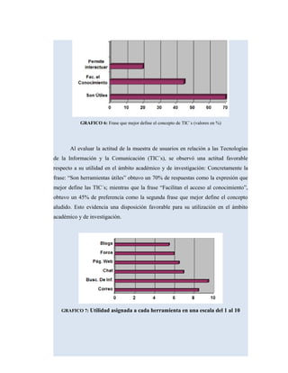 GRAFICO 6: Frase que mejor define el concepto de TIC´s (valores en %)
Al evaluar la actitud de la muestra de usuarios en relación a las Tecnologías
de la Información y la Comunicación (TIC´s), se observó una actitud favorable
respecto a su utilidad en el ámbito académico y de investigación: Concretamente la
frase: “Son herramientas útiles” obtuvo un 70% de respuestas como la expresión que
mejor define las TIC´s; mientras que la frase “Facilitan el acceso al conocimiento”,
obtuvo un 45% de preferencia como la segunda frase que mejor define el concepto
aludido. Esto evidencia una disposición favorable para su utilización en el ámbito
académico y de investigación.
GRAFICO 7: Utilidad asignada a cada herramienta en una escala del 1 al 10
 