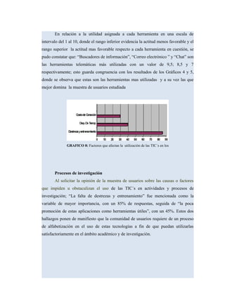 En relación a la utilidad asignada a cada herramienta en una escala de
intervalo del 1 al 10, donde el rango inferior evidencia la actitud menos favorable y el
rango superior la actitud mas favorable respecto a cada herramienta en cuestión, se
pudo constatar que: “Buscadores de información”, “Correo electrónico ” y “Chat” son
las herramientas telemáticas más utilizadas con un valor de 9,5; 8,5 y 7
respectivamente; esto guarda congruencia con los resultados de los Gráficos 4 y 5,
donde se observa que estas son las herramientas mas utilizadas y a su vez las que
mejor domina la muestra de usuarios estudiada
GRAFICO 8: Factores que afectan la utilización de las TIC´s en los
Procesos de investigación
Al solicitar la opinión de la muestra de usuarios sobre las causas o factores
que impiden u obstaculizan el uso de las TIC´s en actividades y procesos de
investigación; “La falta de destrezas y entrenamiento” fue mencionada como la
variable de mayor importancia, con un 85% de respuestas, seguida de “la poca
promoción de estas aplicaciones como herramientas útiles”, con un 45%. Estos dos
hallazgos ponen de manifiesto que la comunidad de usuarios requiere de un proceso
de alfabetización en el uso de estas tecnologías a fin de que puedan utilizarlas
satisfactoriamente en el ámbito académico y de investigación.
 