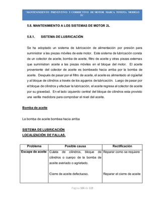Página 104 de 119
“MANTENIMIENTO PREVENTIVO Y CORRECTIVO DE MOTOR MARCA TOYOTA MODELO
2L”
5.8. MANTENIMIENTO A LOS SISTEMAS DE MOTOR 2L
5.8.1. SISTEMA DE LUBRICACIÓN
Se ha adoptado un sistema de lubricación de alimentación por presión para
suministrar a las piezas móviles de este motor. Este sistema de lubricación consta
de un colector de aceite, bomba de aceite, filtro de aceite y otras piezas externas
que suministran aceite a las piezas móviles en el bloque del motor. El aceite
proveniente del colector de aceite es bombeado hacia arriba por la bomba de
aceite. Después de pasar por el filtro de aceite, el aceite es alimentado al cigüeñal
y al bloque de cilindros a través de los agujeros de lubricación. Luego de pasar por
el bloque de cilindros y efectuar la lubricación, el aceite regresa al colector de aceite
por su gravedad. En el lado izquierdo central del bloque de cilindros esta provisto
una varilla medidora para comprobar el nivel del aceite.
Bomba de aceite
La bomba de aceite bombea hacia arriba
SISTEMA DE LUBRICACIÓN
LOCALIZACIÓN DE FALLAS.
Problema Posible causa Rectificación
Escape de aceite Culata de cilindros, bloque de
cilindros o cuerpo de la bomba de
aceite averiado o agrietado.
Cierre de aceite defectuoso.
Reparar como se requiere
Reparar el cierre de aceite
 