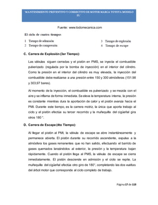 Página17 de 119
“MANTENIMIENTO PREVENTIVO Y CORRECTIVO DE MOTOR MARCA TOYOTA MODELO
2L”
Fuente: www.todomecanica.com
C. Carrera de Explosión (3er Tiempo):
Las válvulas siguen cerradas y el pistón en PMS, se inyecta el combustible
pulverizado (regulada por la bomba de inyección) en el interior del cilindro.
Como la presión en el interior del cilindro es muy elevada, la inyección del
combustible debe realizarse a una presión entre 150 y 300 atmósferas (151.98
y 303,97 bares).
Al momento de la inyección, el combustible es pulverizado y se mezcla con el
aire y se inflama de forma inmediata. Se eleva la temperatura interna, la presión
es constante mientras dura la aportación de calor y el pistón avanza hacia el
PMI. Durante este tiempo, es la carrera motriz, la única que aporta trabajo al
ciclo y el pistón efectúa su tercer recorrido y la muñequilla del cigüeñal gira
otros 180 °.
D. Carrera de Escape (4to Tiempo):
Al llegar el pistón al PMI, la válvula de escape se abre instantáneamente y
permanece abierta. El pistón durante su recorrido ascendente, expulsa a la
atmósfera los gases remanentes que no han salido, efectuando el barrido de
gases quemados lanzándolos al exterior, la presión y la temperatura bajan
rápidamente. Cuando el pistón llega al PMS, la válvula de escape se cierra
inmediatamente. El pistón desciende en admisión y el ciclo se repite. La
muñequilla del cigüeñal efectúa otro giro de 180°, completando las dos vueltas
del árbol motor que corresponde al ciclo completo de trabajo.
 