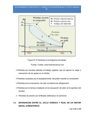Página22 de 119
“MANTENIMIENTO PREVENTIVO Y CORRECTIVO DE MOTOR MARCA TOYOTA MODELO
2L”
Figura N° 6 Perdidas en el diagrama de trabajo
Fuente: Fuente: www.todomecanica.com
Pérdidas por bombeo debidas al trabajo negativo que se supone la carga y
evacuación de los gases en el cilindro.
Pérdidas causadas por el desplazamiento del pistón durante la combustión.
Pérdidas por la evacuación de calor al sistema de refrigeración.
Pérdidas por el tiempo empleado en la evacuación de calor en la apertura del
escape.
 Pérdidas de presión por el llenado defectuoso en admisión.
1.4. DIFERENCIAS ENTRE EL CICLO TEÓRICO Y REAL DE UN MOTOR
DIESEL ATMOSFÉRICO
 