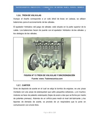Página 30 de 119
“MANTENIMIENTO PREVENTIVO Y CORRECTIVO DE MOTOR MARCA TOYOTA MODELO
2L”
1.2.6. TREN DE VÁLVULAS
Aunque el diseño corresponde a un solo árbol de levas en cabeza, se utilizan
balancines para el accionamiento de las válvulas.
El ajustador hidráulico del juego de válvulas está situado en la parte superior de la
culata. Los balancines hacen de puente con el ajustador hidráulico de las válvulas y
los vástagos de las válvulas.
FIGURA Nº 13 TREN DE VÁLVULAS Y SINCRONIZACIÓN
Fuente: www. Todomecanica.com
1.2.7. CARTER
Sirve de depósito de aceite en el cual se aloja la bomba de engrase, es una pieza
montada con una pieza de estanquidad que sufre pequeños esfuerzos, y en muchos
motores se hace de palastro estampado (hojas de acero a las que se forma por medio
de potentes prensas). Además de un orificio para medir el nivel del lubricante y los
tapones de drenado de aceite, va provisto de un respiradero que lo pone en
comunicación con el aire libre.
 