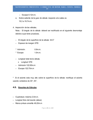 Página 81 de 119
“MANTENIMIENTO PREVENTIVO Y CORRECTIVO DE MOTOR MARCA TOYOTA MODELO
2L”
- Escape 0.12m.m.
e. Sobre saliente de la guía de válvula respecto a la culata es
16.3 a 16.7m.m.
4. Inspección de las válvulas.
Nota.- El ángulo de la válvula deberá ser rectificado en el siguiente desmontaje
debido a que tiene picaduras.
- El ángulo de la superficie de la válvula 44.5°
- Espesor de margen STD
* Admisión 0.9m.m.
* Escape 1.0m.m.
- Longitud total de la válvula.
 Longitud STD
- Admisión 122.95m.m
- Escape 122.75m.m
* Si el asiento esta muy alto sobre la superficie de la válvula rectifique el asiento
usando cortadora de 30°, 45°.
4.6. Resortes de Válvulas
- Cuadratura máxima 2.0m.m.
- Longitud libre del resorte (altura)
- Marca pintura amarilla 46.20m.m
 