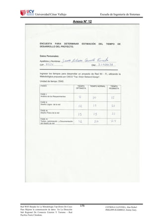 Universidad César Vallejo                              Escuela de Ingeniería de Sistemas

                                                        Anexo N° 12




Red WIFI Basada En La Metodología Top-Down De Cisco         176           COTRINA LLOVERA, Alan Rafael
Para Mejorar la comunicación de datos En La Dirección                     PHILIPPS RAMIREZ, Jimmy Gary.
Sub Regional De Comercio Exterior Y Turismo - Red
Pacifico Norte Chimbote.
 