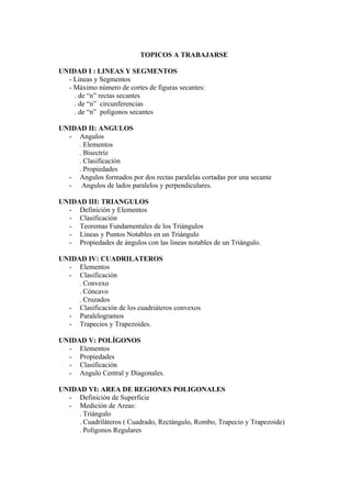 TOPICOS A TRABAJARSE

UNIDAD I : LINEAS Y SEGMENTOS
  - Lineas y Segmentos
  - Máximo número de cortes de figuras secantes:
    . de “n” rectas secantes
    . de “n” circunferencias
    . de “n” polígonos secantes

UNIDAD II: ANGULOS
  - Angulos
     . Elementos
     . Bisectríz
     . Clasificación
     . Propiedades
  - Angulos formados por dos rectas paralelas cortadas por una secante
  - Angulos de lados paralelos y perpendiculares.

UNIDAD III: TRIANGULOS
  - Definición y Elementos
  - Clasificación
  - Teoremas Fundamentales de los Triángulos
  - Líneas y Puntos Notables en un Triángulo
  - Propiedades de ángulos con las lineas notables de un Triángulo.

UNIDAD IV: CUADRILATEROS
  - Elementos
  - Clasificación
     . Convexo
     . Cóncavo
     . Cruzados
  - Clasificación de los cuadriáteros convexos
  - Paralelogramos
  - Trapecios y Trapezoides.

UNIDAD V: POLÍGONOS
  - Elementos
  - Propiedades
  - Clasificación
  - Angulo Central y Diagonales.

UNIDAD VI: AREA DE REGIONES POLIGONALES
  - Definición de Superficie
  - Medición de Areas:
     . Triángulo
     . Cuadriláteros ( Cuadrado, Rectángulo, Rombo, Trapecio y Trapezoide)
     . Polígonos Regulares
 