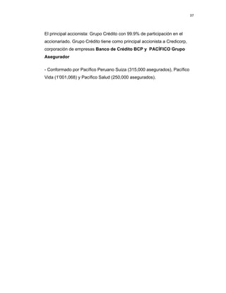 37 
 
 
 
     
El principal accionista: Grupo Crédito con 99.9% de participación en el
accionariado. Grupo Crédito tiene como principal accionista a Credicorp,
corporación de empresas Banco de Crédito BCP y PACÍFICO Grupo
Asegurador
- Conformado por Pacífico Peruano Suiza (315,000 asegurados), Pacífico
Vida (1'001,068) y Pacífico Salud (250,000 asegurados).
 