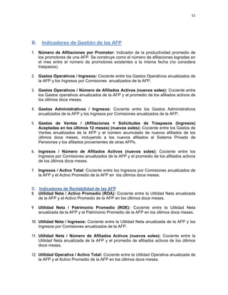 51 
 
 
 
     
B. Indicadores de Gestión de las AFP
1. Número de Afiliaciones por Promotor: Indicador de la productividad promedio de
los promotores de una AFP. Se construye como el número de afiliaciones logradas en
el mes entre el número de promotores existentes a la misma fecha (no considera
traspasos).
2. Gastos Operativos / Ingresos: Cociente entre los Gastos Operativos anualizados de
la AFP y los Ingresos por Comisiones anualizados de la AFP.
3. Gastos Operativos / Número de Afiliados Activos (nuevos soles): Cociente entre
los Gastos operativos anualizados de la AFP y el promedio de los afiliados activos de
los últimos doce meses.
4. Gastos Administrativos / Ingresos: Cociente entre los Gastos Administrativos
anualizados de la AFP y los Ingresos por Comisiones anualizados de la AFP.
5. Gastos de Ventas / (Afiliaciones + Solicitudes de Traspasos (Ingresos)
Aceptadas en los últimos 12 meses) (nuevos soles): Cociente entre los Gastos de
Ventas anualizados de la AFP y el número acumulado de nuevos afiliados de los
últimos doce meses, incluyendo a los nuevos afiliados al Sistema Privado de
Pensiones y los afiliados provenientes de otras AFPs.
6. Ingresos / Número de Afiliados Activos (nuevos soles): Cociente entre los
Ingresos por Comisiones anualizados de la AFP y el promedio de los afiliados activos
de los últimos doce meses.
7. Ingresos / Activo Total: Cociente entre los Ingresos por Comisiones anualizados de
la AFP y el Activo Promedio de la AFP en los últimos doce meses.
C. Indicadores de Rentabilidad de las AFP
8. Utilidad Neta / Activo Promedio (ROA): Cociente entre la Utilidad Neta anualizada
de la AFP y el Activo Promedio de la AFP en los últimos doce meses.
9. Utilidad Neta / Patrimonio Promedio (ROE): Cociente entre la Utilidad Neta
anualizada de la AFP y el Patrimonio Promedio de la AFP en los últimos doce meses.
10. Utilidad Neta / Ingresos: Cociente entre la Utilidad Neta anualizada de la AFP y los
Ingresos por Comisiones anualizados de la AFP.
11. Utilidad Neta / Número de Afiliados Activos (nuevos soles): Cociente entre la
Utilidad Neta anualizada de la AFP y el promedio de afiliados activos de los últimos
doce meses.
12. Utilidad Operativa / Activo Total: Cociente entre la Utilidad Operativa anualizada de
la AFP y el Activo Promedio de la AFP en los últimos doce meses.
 
