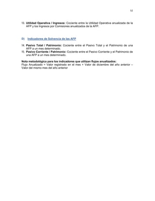 52 
 
 
 
     
13. Utilidad Operativa / Ingresos: Cociente entre la Utilidad Operativa anualizada de la
AFP y los Ingresos por Comisiones anualizados de la AFP.
D) Indicadores de Solvencia de las AFP
 
14. Pasivo Total / Patrimonio: Cociente entre el Pasivo Total y el Patrimonio de una
AFP a un mes determinado.
15. Pasivo Corriente / Patrimonio: Cociente entre el Pasivo Corriente y el Patrimonio de
una AFP a un mes determinado.
Nota metodológica para los indicadores que utilizan flujos anualizados:
Flujo Anualizado = Valor registrado en el mes + Valor de diciembre del año anterior –
Valor del mismo mes del año anterior
 