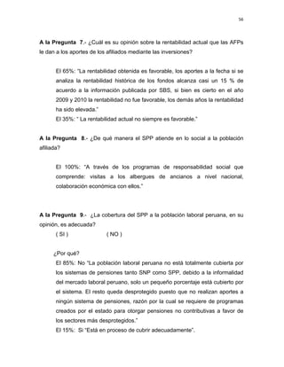 56 
 
 
 
     
A la Pregunta 7.- ¿Cuál es su opinión sobre la rentabilidad actual que las AFPs
le dan a los aportes de los afiliados mediante las inversiones?
El 65%: “La rentabilidad obtenida es favorable, los aportes a la fecha si se
analiza la rentabilidad histórica de los fondos alcanza casi un 15 % de
acuerdo a la información publicada por SBS, si bien es cierto en el año
2009 y 2010 la rentabilidad no fue favorable, los demás años la rentabilidad
ha sido elevada.”
El 35%: “ La rentabilidad actual no siempre es favorable.”
A la Pregunta 8.- ¿De qué manera el SPP atiende en lo social a la población
afiliada?
El 100%: “A través de los programas de responsabilidad social que
comprende: visitas a los albergues de ancianos a nivel nacional,
colaboración económica con ellos.”
A la Pregunta 9.- ¿La cobertura del SPP a la población laboral peruana, en su
opinión, es adecuada?
( SI ) ( NO )
¿Por qué?
El 85%: No “La población laboral peruana no está totalmente cubierta por
los sistemas de pensiones tanto SNP como SPP, debido a la informalidad
del mercado laboral peruano, solo un pequeño porcentaje está cubierto por
el sistema. El resto queda desprotegido puesto que no realizan aportes a
ningún sistema de pensiones, razón por la cual se requiere de programas
creados por el estado para otorgar pensiones no contributivas a favor de
los sectores más desprotegidos.”
El 15%: Si “Está en proceso de cubrir adecuadamente”.
 