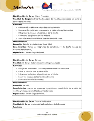 Plan de Negocios para la Implantación de la Empresa de Muebles MADERARTE 
Identificación del Cargo: Jefe de Producción 
Finalidad del Cargo: Controlar la elaboración del mueble personalizado así como la 
calidad de los muebles 
Funciones: 
• Controlar los procesos de elaboración de los muebles 
• Supervisar los materiales empleados en la elaboración de los muebles 
• Interpretar lo diseñado y lo solicitado por el cliente 
• Controlar a los operarios en sus trabajos 
• Solucionar eventualidades que sucedan dentro del taller 
Requerimientos: 
Educación: Bachiller o estudiante de Universidad 
Conocimientos: Manejo de Programas de contabilidad y de diseño manejo de 
maquinas herramientas, 
Experiencia: 2 año en cargos similares 
Identificación del Cargo: Obreros 
Finalidad del Cargo: Elaboración del mueble personalizado 
Funciones: 
• Escoger los materiales a utilizarse para la elaboración del mueble 
• Cortar el material para la preparación 
• Interpretar lo diseñado y lo solicitado por el cliente 
• Seguir los procesos de fabricación del mueble 
• Barnizar los muebles elaborados 
Requerimientos: 
Educación: Bachiller 
Conocimientos: manejo de maquinas herramientas, conocimiento de armado de 
muebles y tintes para ser utilizados en los barnices 
Experiencia: 1 año en cargos similares 
Identificación del Cargo: Personal de Limpieza 
Finalidad del Cargo: Limpieza de las Instalaciones de la Empresa 
Funciones: 
39 
MARCO ANTONIO MEJIA BARROS 49 
 