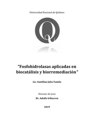 Universidad Nacional de Quilmes
“Fosfohidrolasas aplicadas en
biocatálisis y biorremediación”
Lic. Santillan Julia Yamila
Director de tesis
Dr. Adolfo Iribarren
2019
 