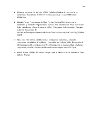 152
 Ministerio de educación Nacional. (2006) Estándares básicos de competencia en
matemáticas. Recuperado de http://www.mineducacion.gov.co/cvn/1665/article-
116042.html.
 Morales Chávez Cesar Augusto & Majé Floriano Ramón (2011). Competencia
matemática y desarrollo del pensamiento espacial. Una aproximación desde la enseñanza
de los cuadriláteros. (Tesis de maestría inédita). Universidad de la Amazonia, Florencia,
Colombia. Recuperado de
http://www.elitv.org/documentos/tesis/Tesis%20de%20Maestria%20Cesar%20y%20Ram
on.pdf.
 Pérez Vera Iván Esteban. (2012). Ensayo: competencia matemática, estudiantes
competentes y resolución de problemas. Universidad de los lagos, Chile. Recuperado de
http://aulamagica.files.wordpress.com/2012/11/competencia-matemc3a1tica-estudiantes-
competentes-y-resolucic3b3n-de-problemas-ivan-esteban-perez-vera-2012.pdf.
 Vasco, Carlos. (1994). Un nuevo enfoque para la didáctica de la matemática. Tunja.
Editorial Jotamar.
 
