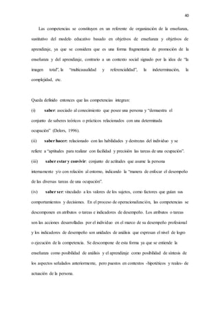 40
Las competencias se constituyen en un referente de organización de la enseñanza,
sustitutivo del modelo educativo basado en objetivos de enseñanza y objetivos de
aprendizaje, ya que se considera que es una forma fragmentaria de promoción de la
enseñanza y del aprendizaje, contrario a un contexto social signado por la idea de “la
imagen total”, la “multicausalidad y referencialidad”, la indeterminación, la
complejidad, etc.
Queda definido entonces que las competencias integran:
(i) saber: asociado al conocimiento que posee una persona y “demuestra el
conjunto de saberes teóricos o prácticos relacionados con una determinada
ocupación” (Delors, 1996).
(ii) saber hacer: relacionado con las habilidades y destrezas del individuo y se
refiere a “aptitudes para realizar con facilidad y precisión las tareas de una ocupación”.
(iii) saber estar y convivir: conjunto de actitudes que asume la persona
internamente y/o con relación al entorno, indicando la “manera de enfocar el desempeño
de las diversas tareas de una ocupación”.
(iv) saber ser: vinculado a los valores de los sujetos, como factores que guían sus
comportamientos y decisiones. En el proceso de operacionalización, las competencias se
descomponen en atributos o tareas e indicadores de desempeño. Los atributos o tareas
son las acciones desarrolladas por el individuo en el marco de su desempeño profesional
y los indicadores de desempeño son unidades de análisis que expresan el nivel de logro
o ejecución de la competencia. Se descompone de esta forma ya que se entiende la
enseñanza como posibilidad de análisis y el aprendizaje como posibilidad de síntesis de
los aspectos señalados anteriormente, pero puestos en contextos -hipotéticos y reales- de
actuación de la persona.
 