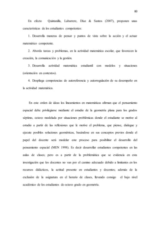80
En efecto Quintanilla, Labarrere, Díaz & Santos (2007), proponen unas
características de los estudiantes competentes:
1. Desarrolla maneras de pensar y puntos de vista sobre la acción y el actuar
matemático competente.
2. Aborda tareas y problemas, en la actividad matemática escolar, que favorecen la
creación, la comunicación y la gestión.
3. Desarrolla actividad matemática estudiantil con modelos y situaciones
(orientación en contextos).
4. Despliega competencias de autoreferencia y autorregulación de su desempeño en
la actividad matemática.
En este orden de ideas los lineamientos en matemáticas afirman que el pensamiento
espacial debe privilegiarse mediante el estudio de la geometría plana para los grados
séptimo, octavo modelada por situaciones problémicas donde el estudiante se motive al
estudio a partir de las reflexiones que le motive el problema, que piense, dialogue y
ejecute posibles soluciones geométricas, basándose en sus conceptos previos donde el
papel del docente será modelar este proceso para posibilitar el desarrollo del
pensamiento espacial (MEN 1998). Es decir desarrollar estudiantes competentes en las
aulas de clases; pero es a partir de la problemática que se evidencia en esta
investigación que los docentes no van por el camino adecuado debido a limitantes en los
recursos didácticos, la actitud presente en estudiantes y docentes; además de la
exclusión de la asignatura en el horario de clases, llevando consigo el bajo nivel
académico de los estudiantes de octavo grado en geometría.
 