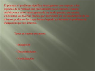 El plantear el problema significa interrogarnos con respecto a los aspectos de la realidad que precisamente no se conocen. Cuando establecemos estos interrogantes de un modo preciso, por escrito, vinculando las diversas facetas que intervienen en la consideración de los mismos, podemos decir que hemos logrado ya formular el problema de indagación que nos interesa.  Tener en cuenta tres pasos:  - Indagación - Descubrimiento - Verbalización 